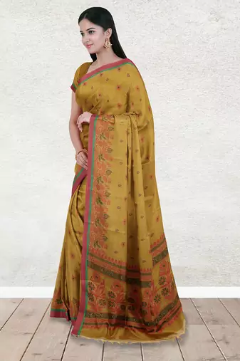 Mustard gold & coral rose kovai cotton saree with running blouse
