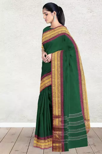 Emerald green & magenta pink chanderi cotton saree with running blouse