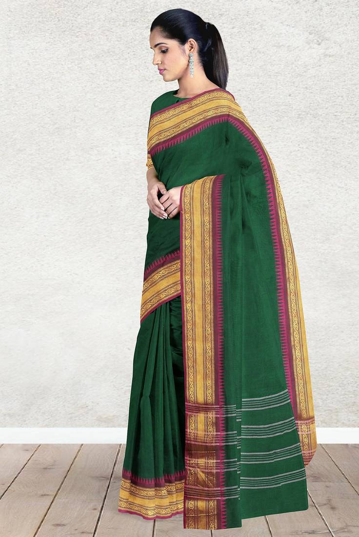Emerald green & magenta pink chanderi cotton saree with running blouse