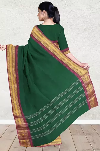 Emerald green & magenta pink chanderi cotton saree with running blouse