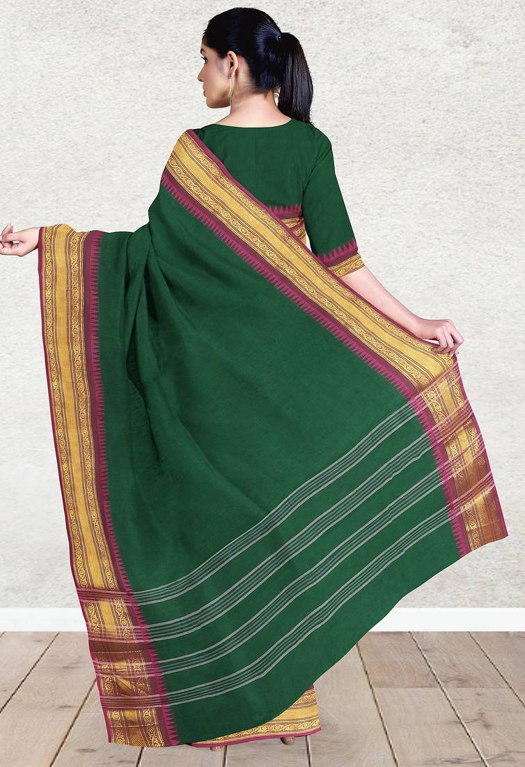 Emerald green & magenta pink chanderi cotton saree with running blouse