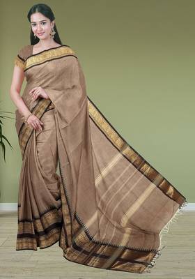Brown walnut mist & blackwood chettinad cotton saree with running blouse 1
