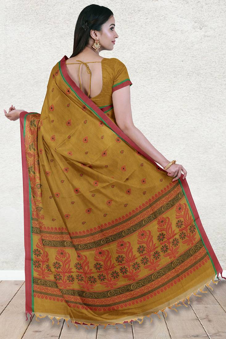 Mustard gold & coral rose kovai cotton saree with running blouse