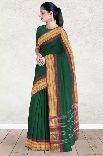 Emerald green & magenta pink chanderi cotton saree with running blouse