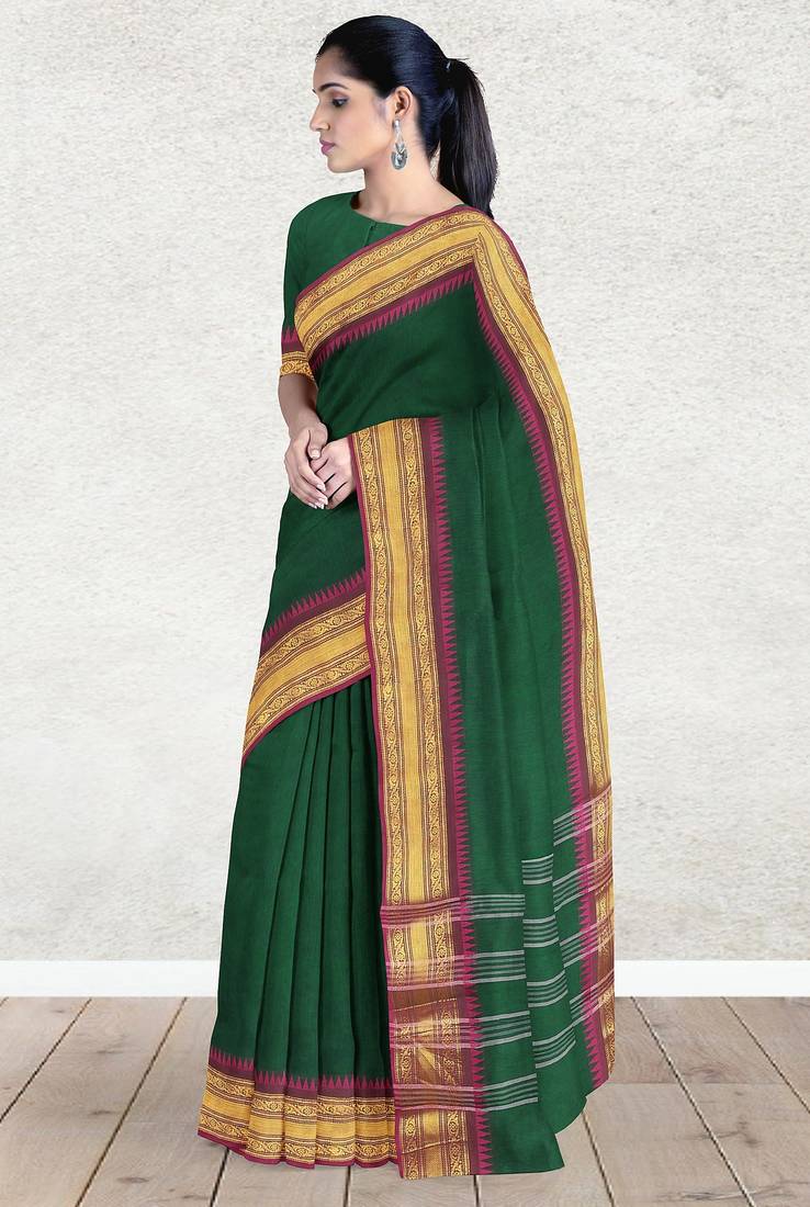 Emerald green & magenta pink chanderi cotton saree with running blouse