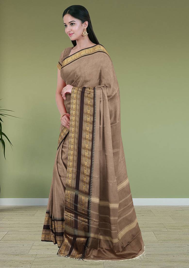 Brown walnut mist & blackwood chettinad cotton saree with running blouse