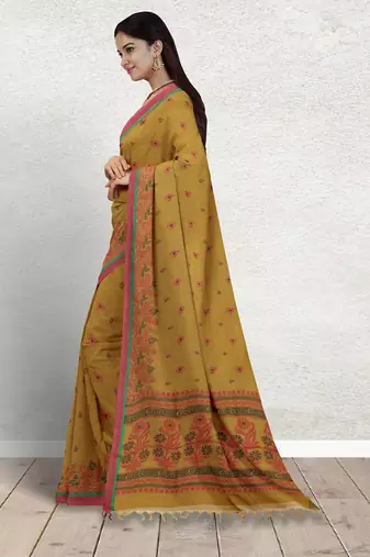 Mustard gold & coral rose kovai cotton saree with running blouse
