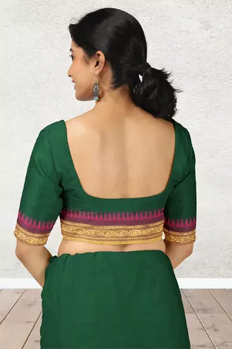 Emerald green & magenta pink chanderi cotton saree with running blouse