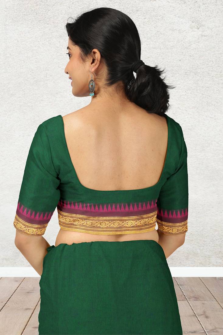 Emerald green & magenta pink chanderi cotton saree with running blouse