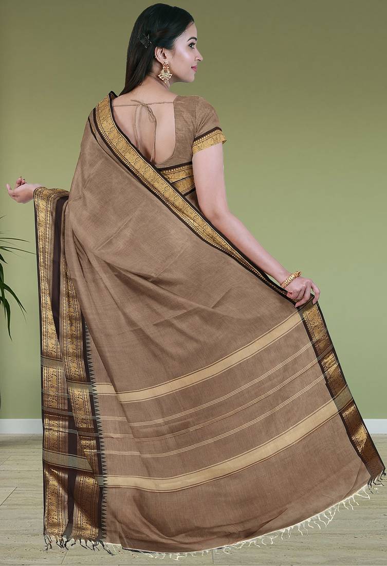 Brown walnut mist & blackwood chettinad cotton saree with running blouse