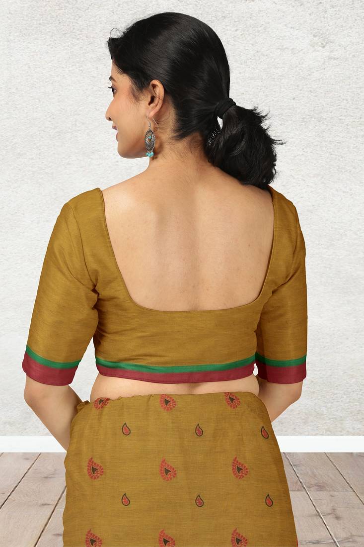 Mustard gold & coral rose kovai cotton saree with running blouse