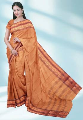 Orange ember glow & brown copper spice chettinad cotton saree with running blouse 1