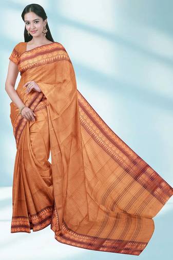 Orange ember glow & brown copper spice chettinad cotton saree with running blouse