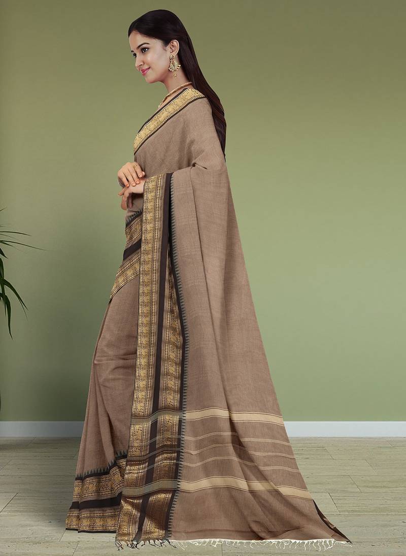 Brown walnut mist & blackwood chettinad cotton saree with running blouse