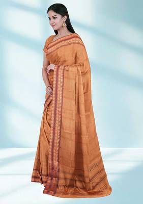 Orange ember glow & brown copper spice chettinad cotton saree with running blouse 2