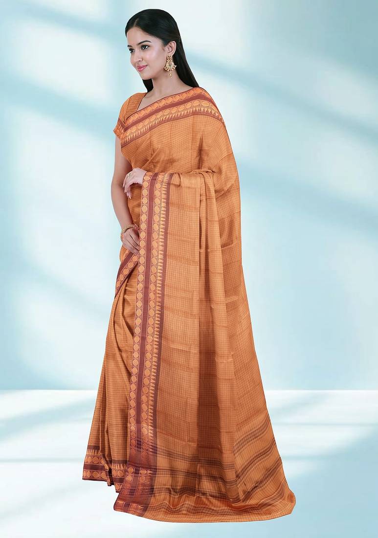 Orange ember glow & brown copper spice chettinad cotton saree with running blouse