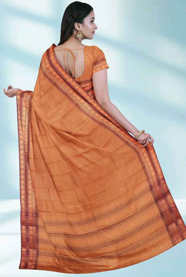 Orange ember glow & brown copper spice chettinad cotton saree with running blouse