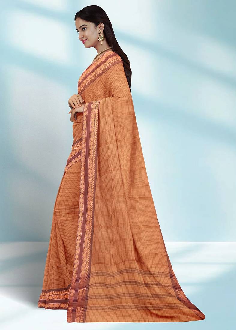 Orange ember glow & brown copper spice chettinad cotton saree with running blouse