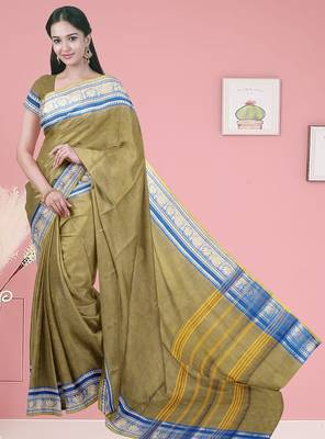 Olive green moss & royal blue sapphire chettinad cotton saree with running blouse 1