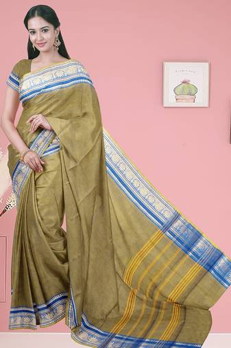 Olive green moss & royal blue sapphire chettinad cotton saree with running blouse