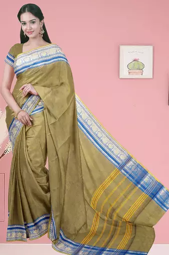 Olive green moss & royal blue sapphire chettinad cotton saree with running blouse