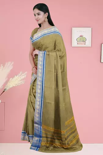 Olive green moss & royal blue sapphire chettinad cotton saree with running blouse