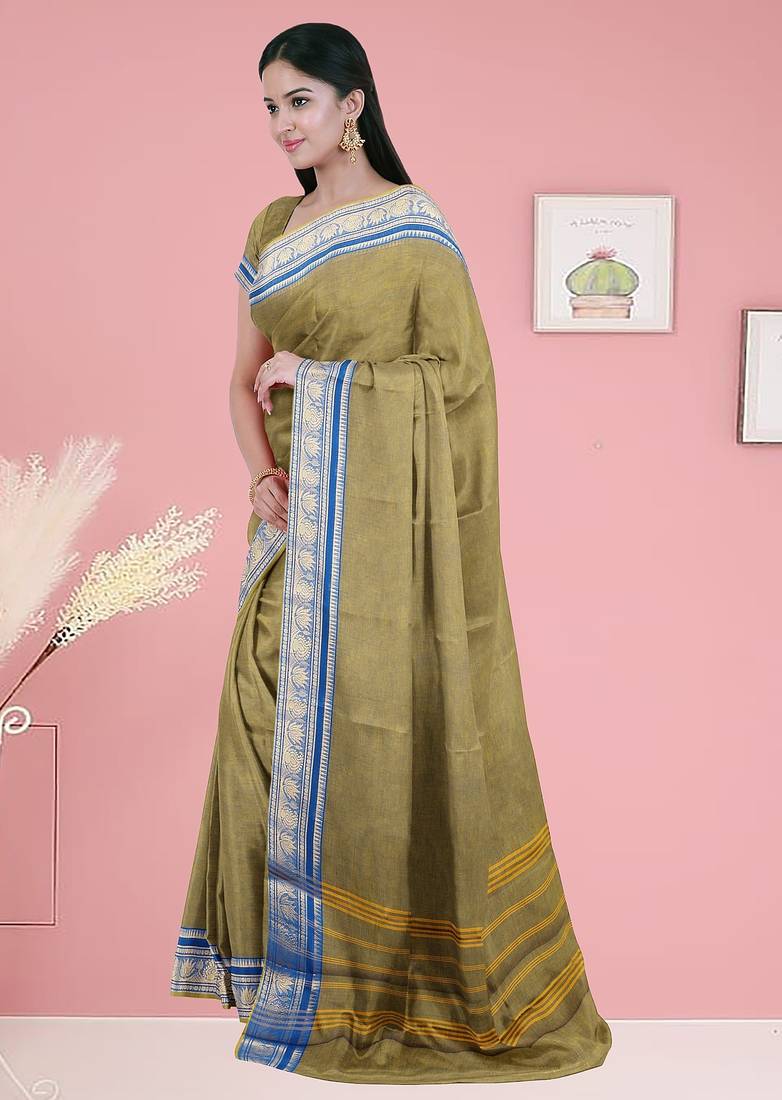 Olive green moss & royal blue sapphire chettinad cotton saree with running blouse