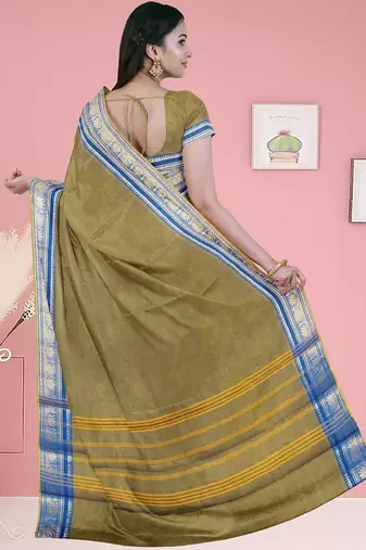 Olive green moss & royal blue sapphire chettinad cotton saree with running blouse
