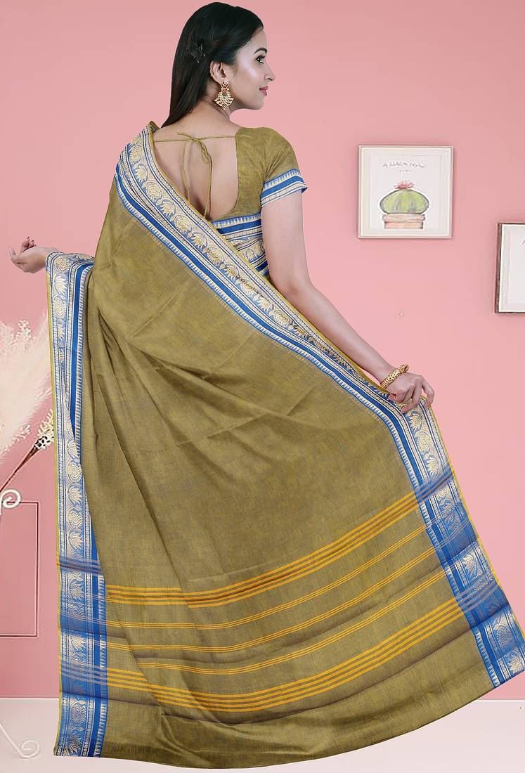 Olive green moss & royal blue sapphire chettinad cotton saree with running blouse