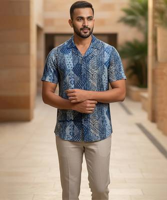 Sea blue block printed cotton shirt 1