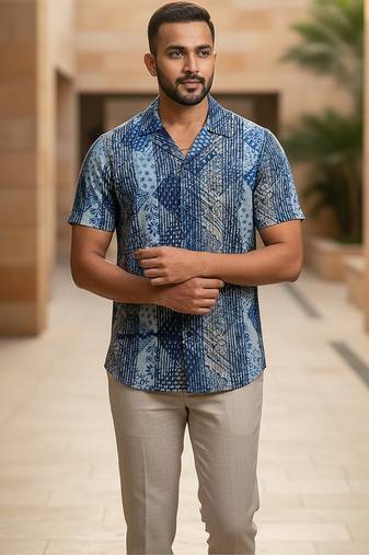 Sea blue block printed cotton shirt