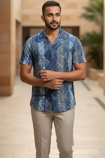 Sea blue block printed cotton shirt
