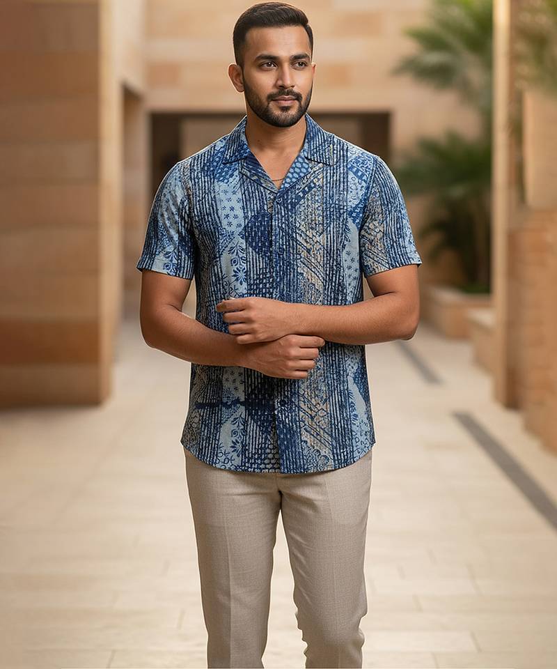 Sea blue block printed cotton shirt