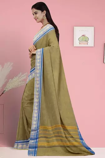 Olive green moss & royal blue sapphire chettinad cotton saree with running blouse