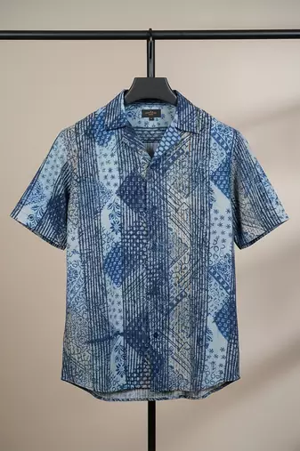 Sea blue block printed cotton shirt