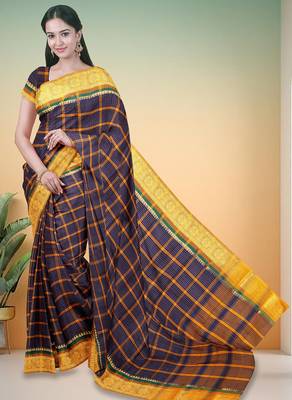 Oxford navy blue & antique marigold yellow chettinad cotton saree with running blouse 1