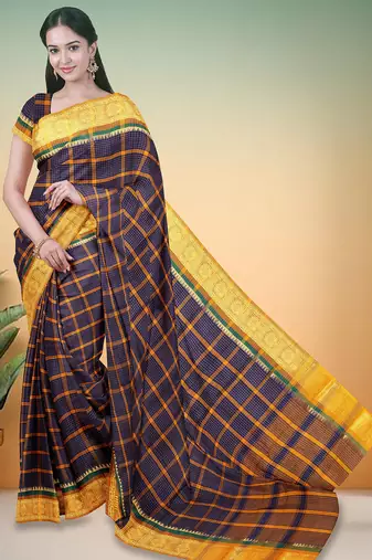 Oxford navy blue & antique marigold yellow chettinad cotton saree with running blouse