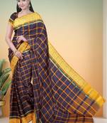 Oxford navy blue & antique marigold yellow chettinad cotton saree with running blouse