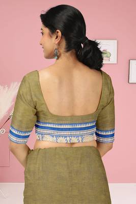 Olive green moss & royal blue sapphire chettinad cotton saree with running blouse 5
