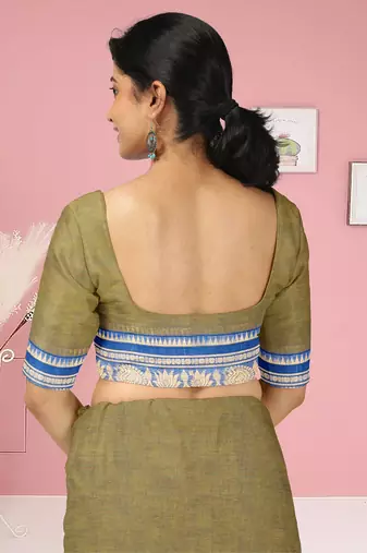 Olive green moss & royal blue sapphire chettinad cotton saree with running blouse