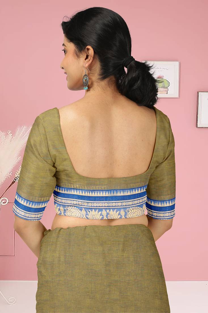 Olive green moss & royal blue sapphire chettinad cotton saree with running blouse