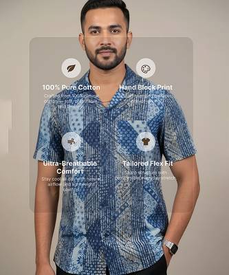 Sea blue block printed cotton shirt 3