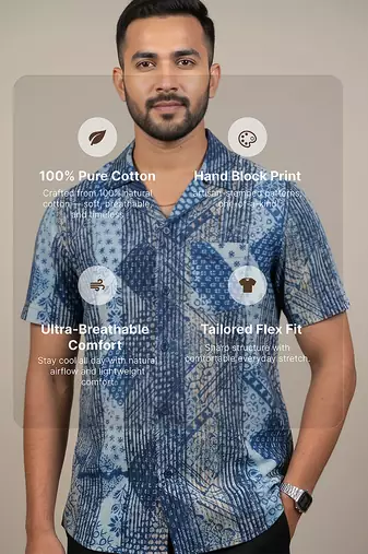 Sea blue block printed cotton shirt