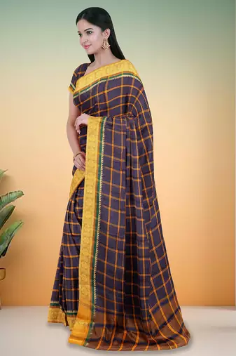 Oxford navy blue & antique marigold yellow chettinad cotton saree with running blouse