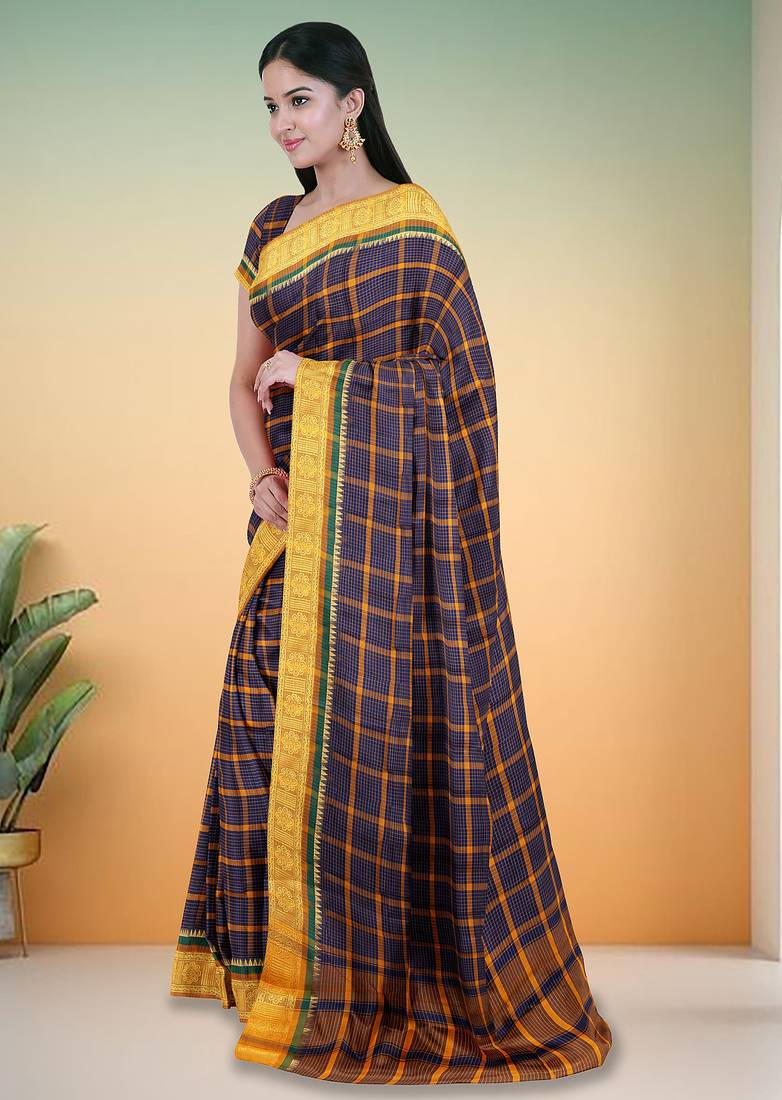Oxford navy blue & antique marigold yellow chettinad cotton saree with running blouse
