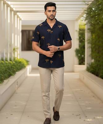 Navy blue block printed cotton shirt 1