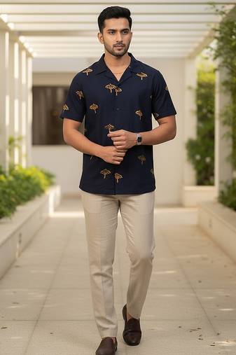 Navy blue block printed cotton shirt