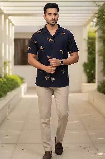 Navy blue block printed cotton shirt