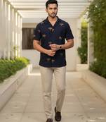Navy blue block printed cotton shirt