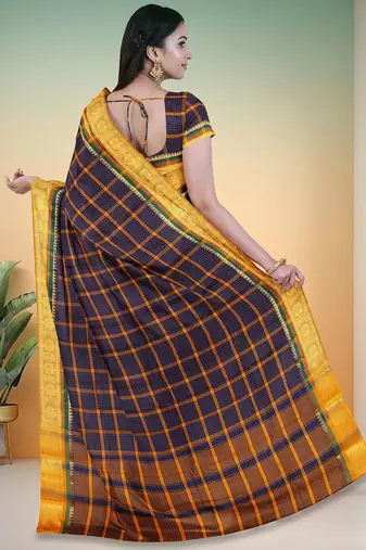 Oxford navy blue & antique marigold yellow chettinad cotton saree with running blouse